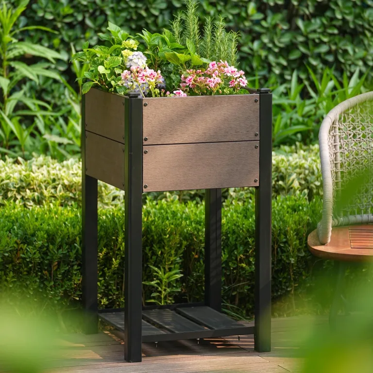 HDPE Hochbeet mit Beinen & Ablage, Holzoptik Pflanzkasten wetterfest, erhöhter Pflanzkübel mit Aluminiumrahmen, für Gemüse, Kräuter & Blumen, Balkon Terrasse Garten, 49x49x85cm – Bild 2