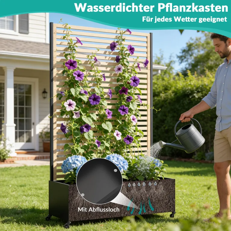 Pflanzkasten aus Metall für den Außenbereich mit Spalier, Hochbeet aus Metall mit Rad, freistehender Sichtschutz-Pflanzkasten für Blumen, Gemüse im Garten, auf der Terrasse, auf dem Balkon – Bild 3