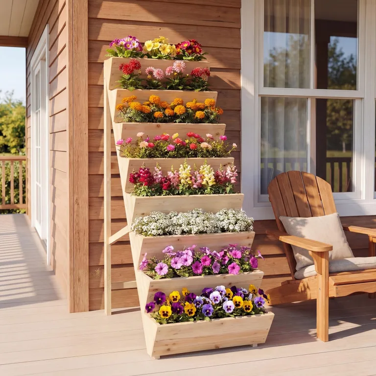 COSTWAY vertikales Hochbeet mit 8 Etagen, Blumenbeet aus Tannenholz, Vertikalbeet mit Pflanzkästen, Blumentreppe Gartenbeet Holz, Blumenkasten für Terrasse Balkon Garten (Natur) – Bild 2