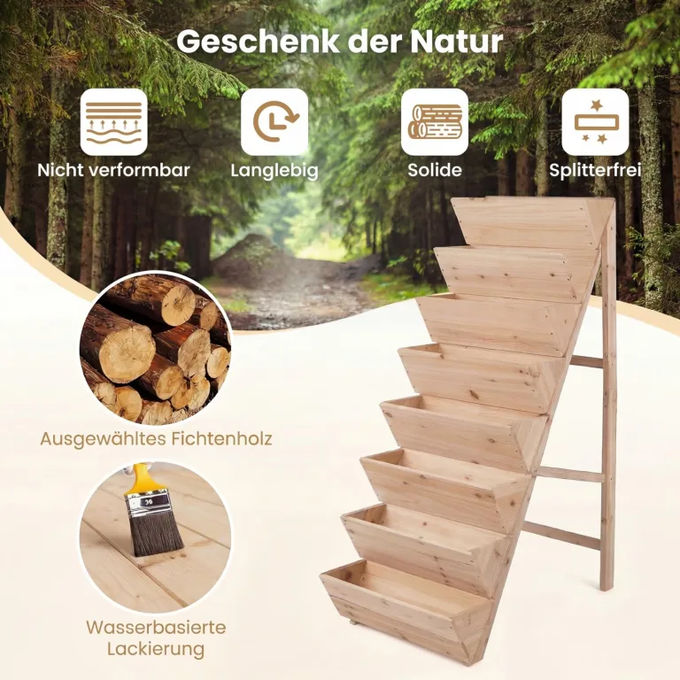 COSTWAY vertikales Hochbeet mit 8 Etagen, Blumenbeet aus Tannenholz, Vertikalbeet mit Pflanzkästen, Blumentreppe Gartenbeet Holz, Blumenkasten für Terrasse Balkon Garten (Natur) – Bild 3