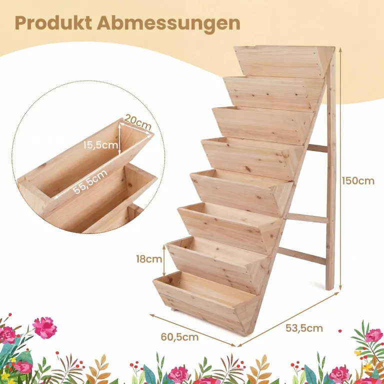 COSTWAY vertikales Hochbeet mit 8 Etagen, Blumenbeet aus Tannenholz, Vertikalbeet mit Pflanzkästen, Blumentreppe Gartenbeet Holz, Blumenkasten für Terrasse Balkon Garten (Natur) – Bild 6