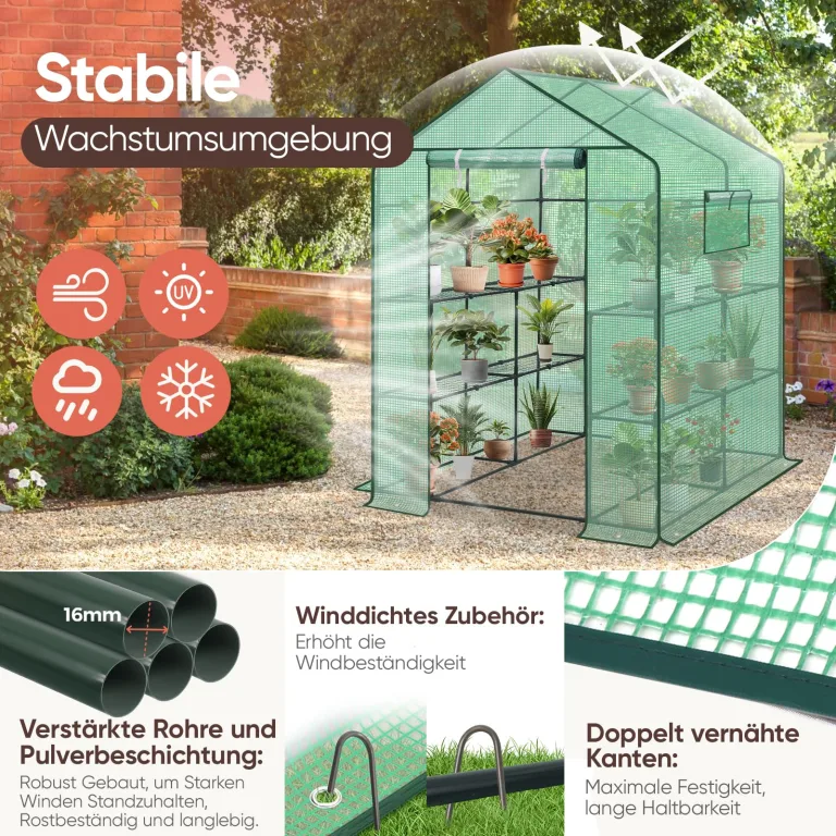 Sekey Gewächshaus 200x145x145 cm, Foliengewächshaus Stabil, Gewächshaus Balkon mit 10 Regalböden für optimales Pflanzenwachstum, Pflanzengrün, XXL – Bild 3