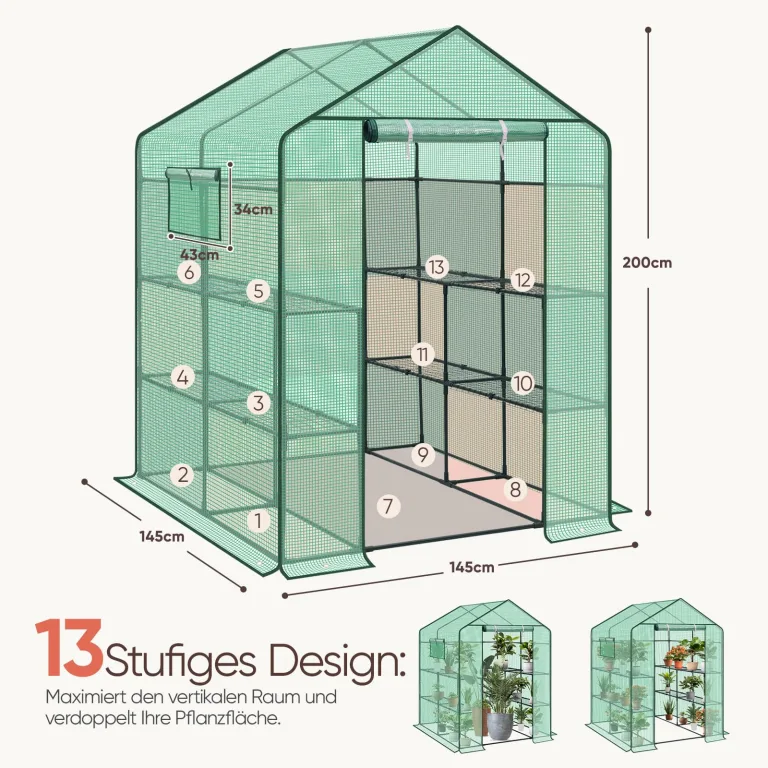 Sekey Gewächshaus 200x145x145 cm, Foliengewächshaus Stabil, Gewächshaus Balkon mit 10 Regalböden für optimales Pflanzenwachstum, Pflanzengrün, XXL – Bild 6