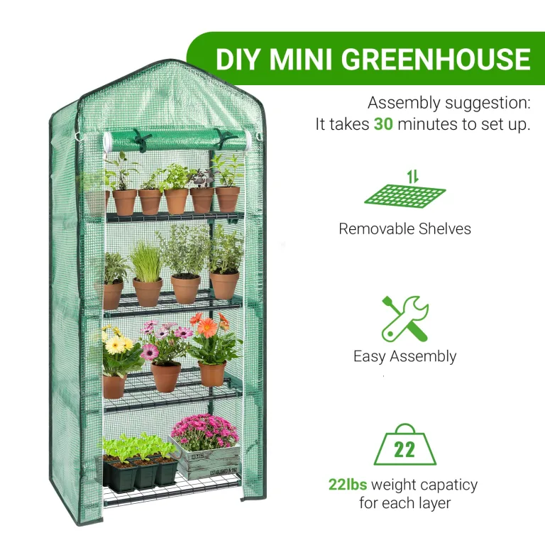 LEADZM Gewächshaus mit UV-beständiger PE-Gitterfolie，4 Metallablagegittern, Sturm-Winterfest, Schutz vor Kälte,Frost, Anzucht für Tomaten & Pflanzen, Balkon Garten (Grün, 69 x 48 x 157 cm) – Bild 4