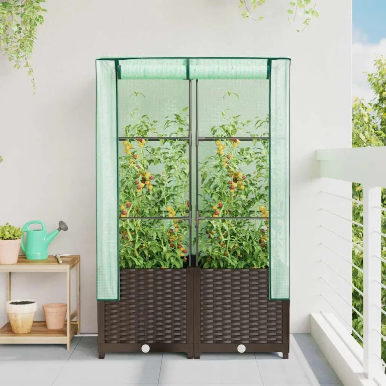 Hochbeet mit Gewächshaus Aufsatz 80x40x138 cm Rattan Optik Frühbeet für Tomaten Gemüse Kräuter, Stabiles PP Beet mit Eisenrahmen & Wasserdichter Abdeckung für Garten Balkon Terrasse – Bild 3