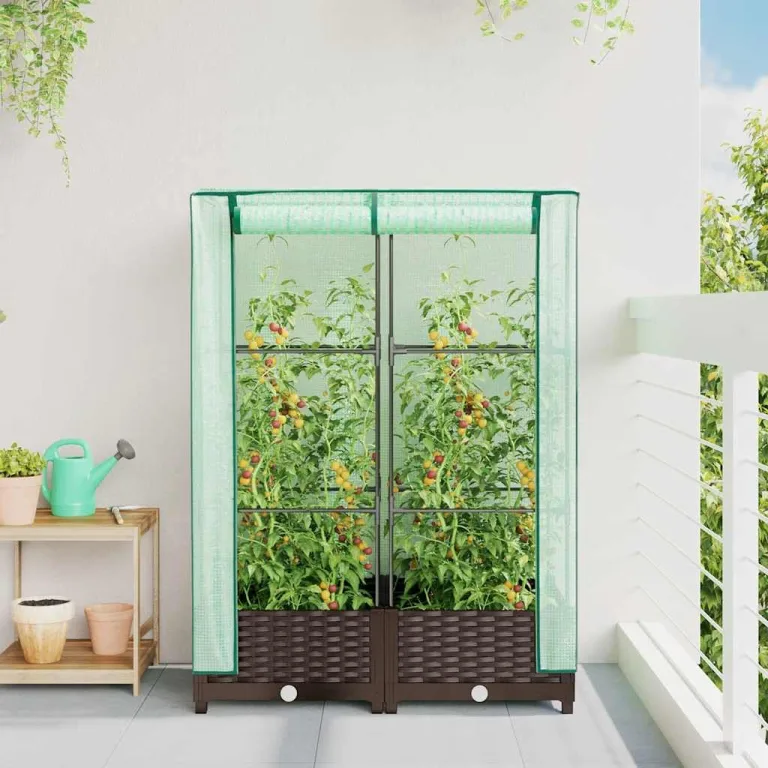 Hochbeet mit Gewächshaus Aufsatz 80x40x123 cm Rattan Optik Frühbeet für Tomaten Gemüse Kräuter, Stabiles PP Beet mit Eisenrahmen & Wasserdichter PE Abdeckung für Garten Balkon Terrasse – Bild 3