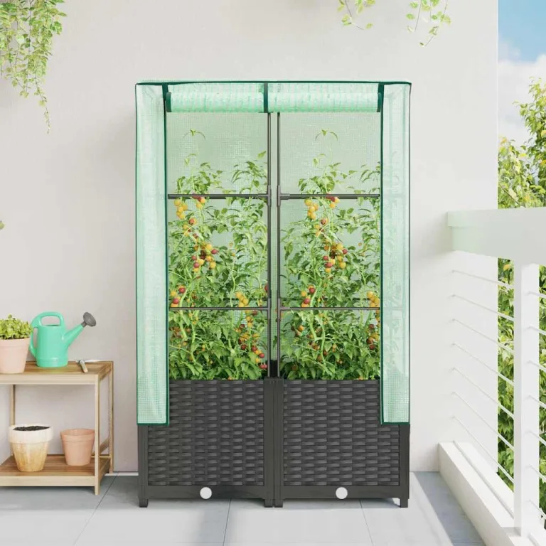 Hochbeet mit Gewächshaus Aufsatz 80x40x138 cm Rattan Optik Frühbeet für Tomaten Gemüse Kräuter, Stabiles PP Beet mit Eisenrahmen & Wasserdichter Abdeckung für Garten Balkon Terrasse – Bild 3