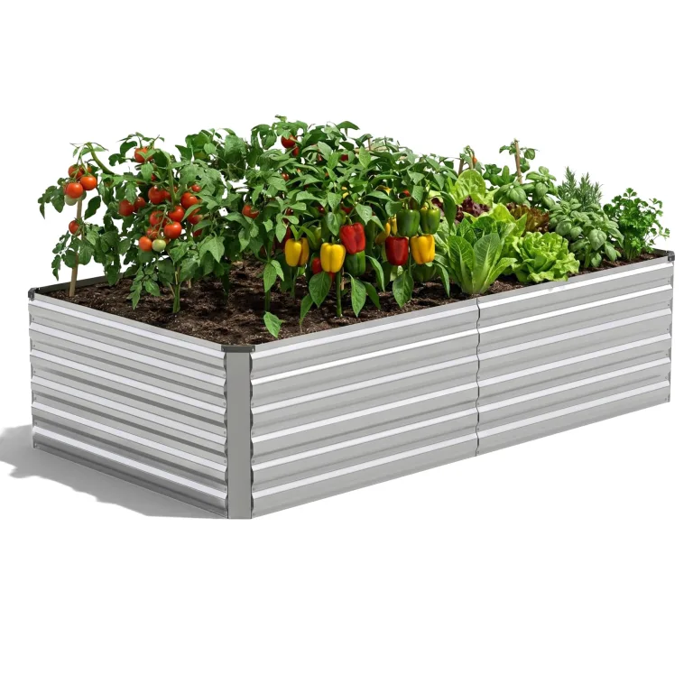 Hochbeet Metall XXL (240x120x60 cm), Wetterfestes Pflanzbeet für Garten & Terrasse, Verzinktes Gemüsebeet mit Stabilisierungsstangen, Pflanzkübel mit Offenem Boden für Tomaten, Silber – Bild 1