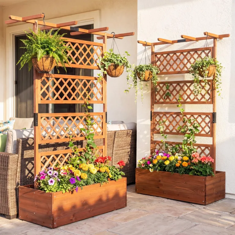 COSTWAY Blumenkasten mit Rankgitter & Dach, Pflanzkübel mit Sichtschutz, Pflanzkasten Tannenholz, Hochbeet mit Spalier, Drainagelöchern, Blumenkübel mit Rankhilfe für Kletterpflanzen, 100 x 55 x 183cm – Bild 2