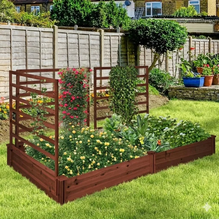 GOPLUS Blumenkasten mit Rankgitter, Hochbeet mit 3 Spalieren, Pflanzkasten mit Rankhilfe, Gartenbeet Gartenspalier aus Tannenholz, für Kletterpflanzen (222 x 114 x 110 cm,Braun) – Bild 2