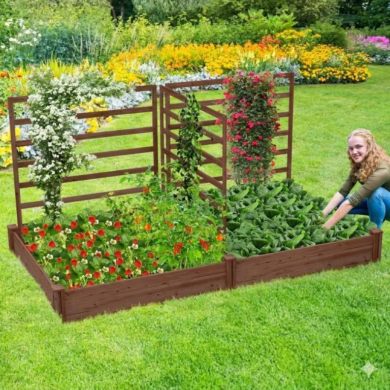 GOPLUS Blumenkasten mit Rankgitter, Hochbeet mit 3 Spalieren, Pflanzkasten mit Rankhilfe, Gartenbeet Gartenspalier aus Tannenholz, für Kletterpflanzen (222 x 114 x 110 cm,Braun) – Bild 3