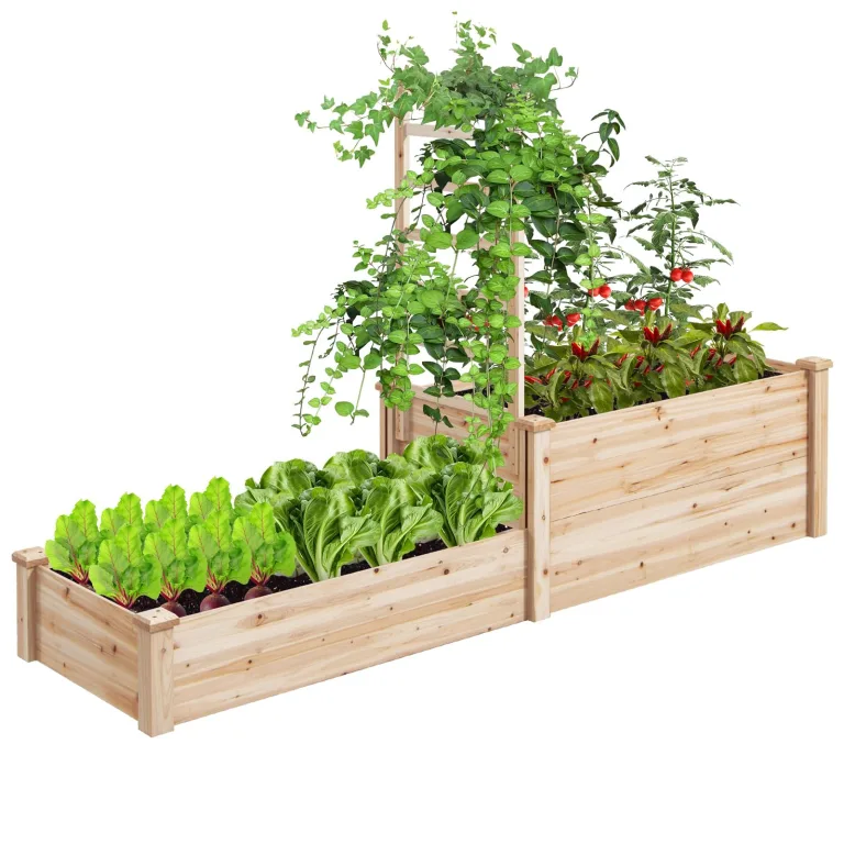 GOPLUS Blumenkasten mit Rankgitter, Hochbeet mit 3 Spalieren, Pflanzkasten mit Rankhilfe, Gartenbeet Gartenspalier aus Tannenholz, für Kletterpflanzen (222 x 114 x 110 cm,Braun) – Bild 4