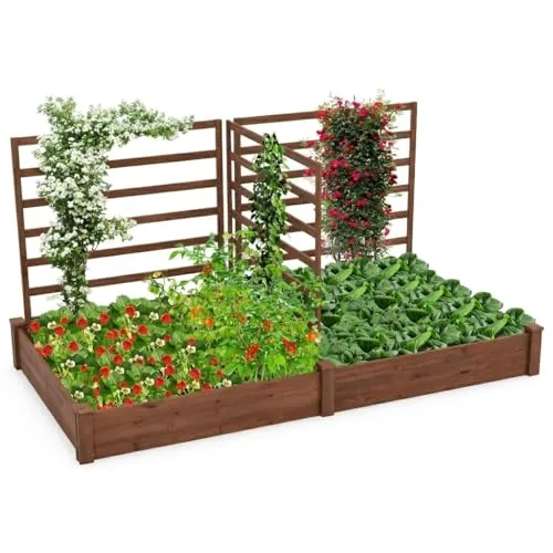 GOPLUS Blumenkasten mit Rankgitter, Hochbeet mit 3 Spalieren, Pflanzkasten mit Rankhilfe, Gartenbeet Gartenspalier aus Tannenholz, für Kletterpflanzen (222 x 114 x 110 cm,Braun) – Bild 8