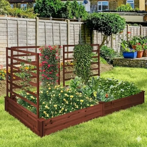 GOPLUS Blumenkasten mit Rankgitter, Hochbeet mit 3 Spalieren, Pflanzkasten mit Rankhilfe, Gartenbeet Gartenspalier aus Tannenholz, für Kletterpflanzen (222 x 114 x 110 cm,Braun) – Bild 9