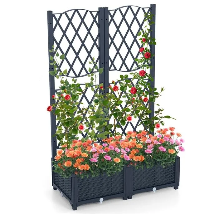 GOPLUS Blumenkasten mit Rankgitter, Hochbeet mit Spalier für Kletterpflanzen & Topfpflanzen, Tiefes Pflanzbeet mit Drainagelöchern für Balkon, Hinterhof & Garten (Grau,80 x 40 x 122 cm) - Bild 1