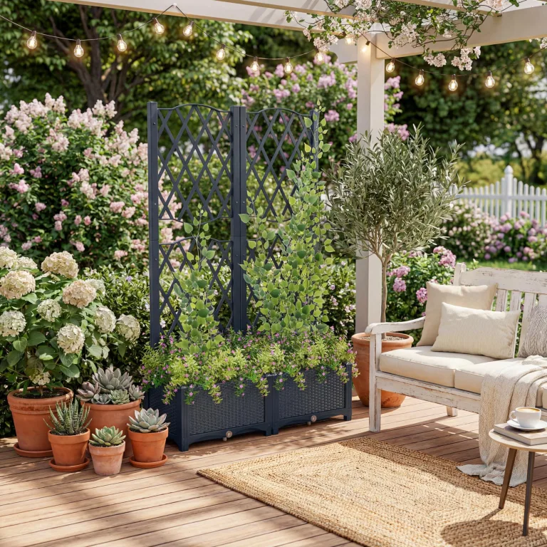 GOPLUS Blumenkasten mit Rankgitter, Hochbeet mit Spalier für Kletterpflanzen & Topfpflanzen, Tiefes Pflanzbeet mit Drainagelöchern für Balkon, Hinterhof & Garten (Grau,80 x 40 x 122 cm) – Bild 2