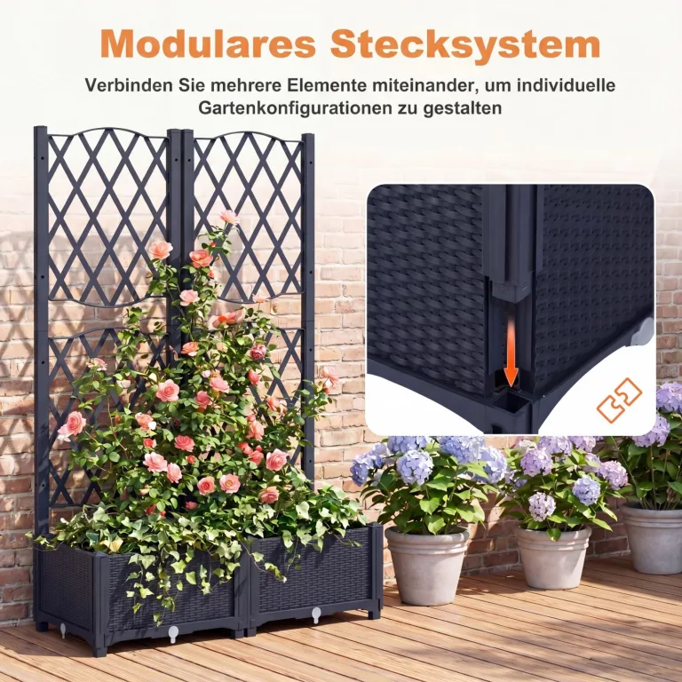GOPLUS Blumenkasten mit Rankgitter, Hochbeet mit Spalier für Kletterpflanzen & Topfpflanzen, Tiefes Pflanzbeet mit Drainagelöchern für Balkon, Hinterhof & Garten (Grau,80 x 40 x 122 cm) – Bild 7