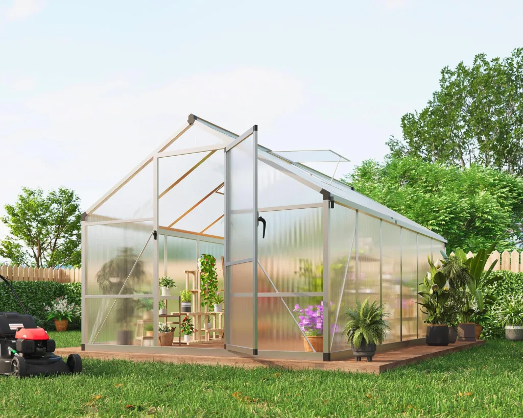 GarveeHome Stabiles begehbares Polycarbonat Gewächshaus 8x12 FT für Garten & Outdoor – Robuster Aluminiumrahmen, abschließbare Tür, Dachfenster – Ideal für Terrasse, Rasen, Pflanzenanzucht