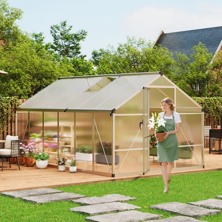 GarveeHome Stabiles begehbares Polycarbonat Gewächshaus 8x12 FT für Garten & Outdoor – Robuster Aluminiumrahmen, abschließbare Tür, Dachfenster – Ideal für Terrasse, Rasen, Pflanzenanzucht – Bild 8
