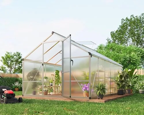 GarveeHome Stabiles begehbares Polycarbonat Gewächshaus 8x12 FT für Garten & Outdoor – Robuster Aluminiumrahmen, abschließbare Tür, Dachfenster – Ideal für Terrasse, Rasen, Pflanzenanzucht – Bild 9