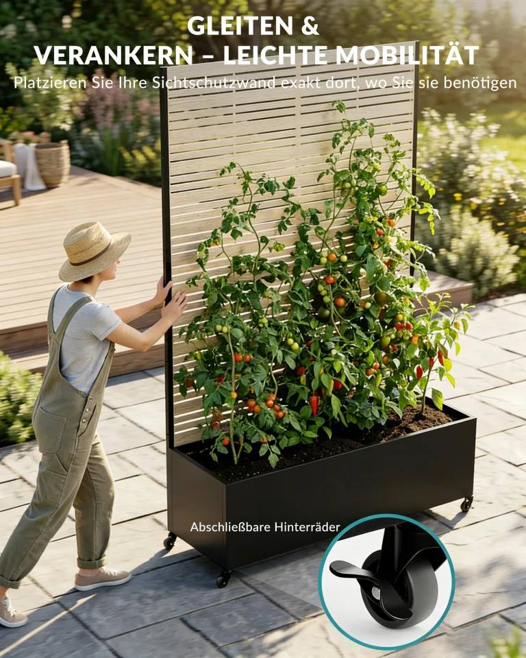 Hochbeet Metall mit Sichtschutz, Pflanzbeet Pflanzkübel Pflanzkasten Frühbeet Gartenbeet Blumenkasten Blumenbeet mit Rankgitter und Rollen wetterfest für Garten, Balkon und Terrasse – Bild 5