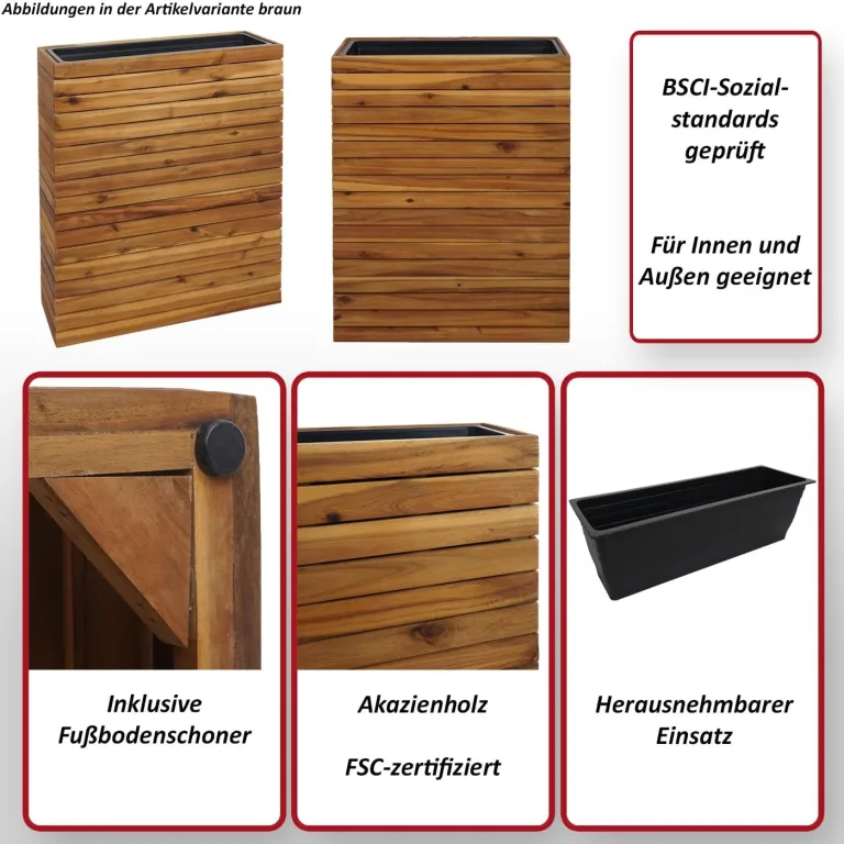 Mendler Pflanzkasten HWC-L21, Hochbeet Pflanzkübel Blumentopf, eckig 77x63x23cm Outdoor Akazie Holz FSC®-Zertifiziert - Hellbraun – Bild 2