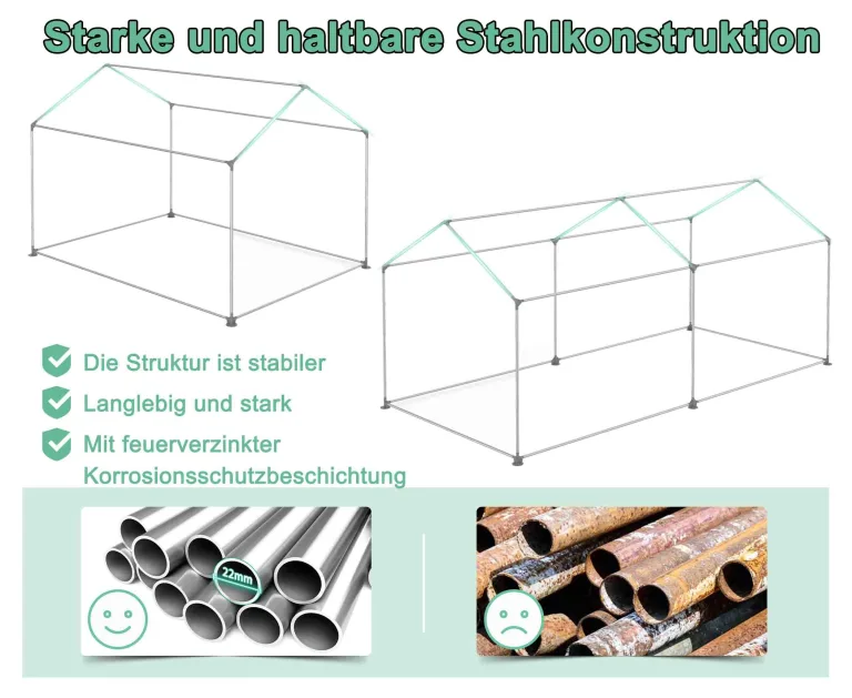 Begehbares Gewächshaus Winterfest, 4.5x2x2m Grün, Feuerverzinkter Stahlrahmen, Isoliertes Foliengewächshaus, Überwinterungszelt für Pflanzen, Gartenhäuschen für Balkon & Garten – Bild 5