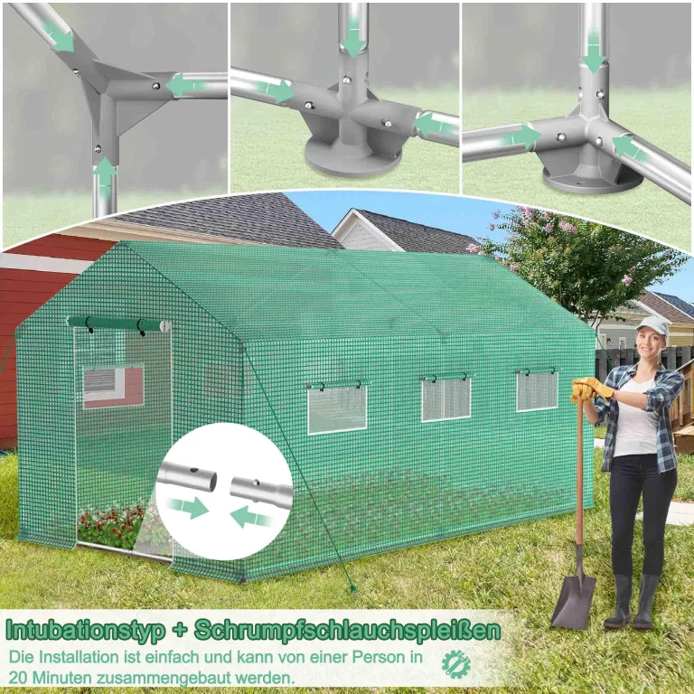 Begehbares Gewächshaus Winterfest, 4.5x2x2m Grün, Feuerverzinkter Stahlrahmen, Isoliertes Foliengewächshaus, Überwinterungszelt für Pflanzen, Gartenhäuschen für Balkon & Garten – Bild 6