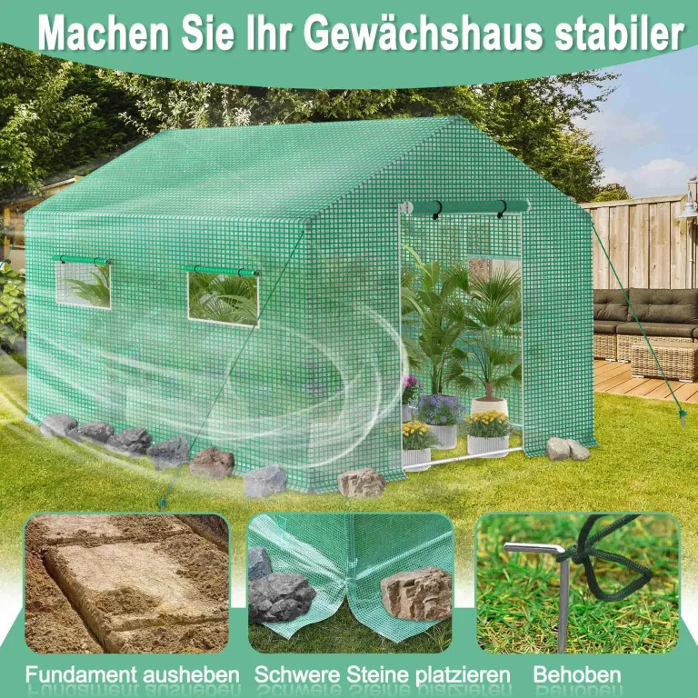 Begehbares Gewächshaus Winterfest, 4.5x2x2m Grün, Feuerverzinkter Stahlrahmen, Isoliertes Foliengewächshaus, Überwinterungszelt für Pflanzen, Gartenhäuschen für Balkon & Garten – Bild 8