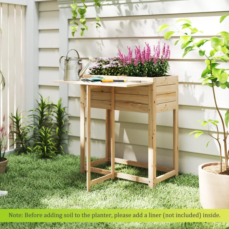 GOPLUS Hochbeet Holz, Gartenbett mit klappbarer Ablage, Blumenkasten mit Abflusslöchern, Pflanzenbehalter für Blumen, Gemüse & Kräuter, Pflanzkasten für Garten, Hof & Balkon, 63 x 67 x 74 cm, Natur – Bild 2