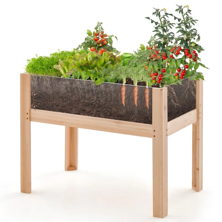 GOPLUS Hochbeet Holz, Gartenbett mit klappbarer Ablage, Blumenkasten mit Abflusslöchern, Pflanzenbehalter für Blumen, Gemüse & Kräuter, Pflanzkasten für Garten, Hof & Balkon, 63 x 67 x 74 cm, Natur – Bild 7