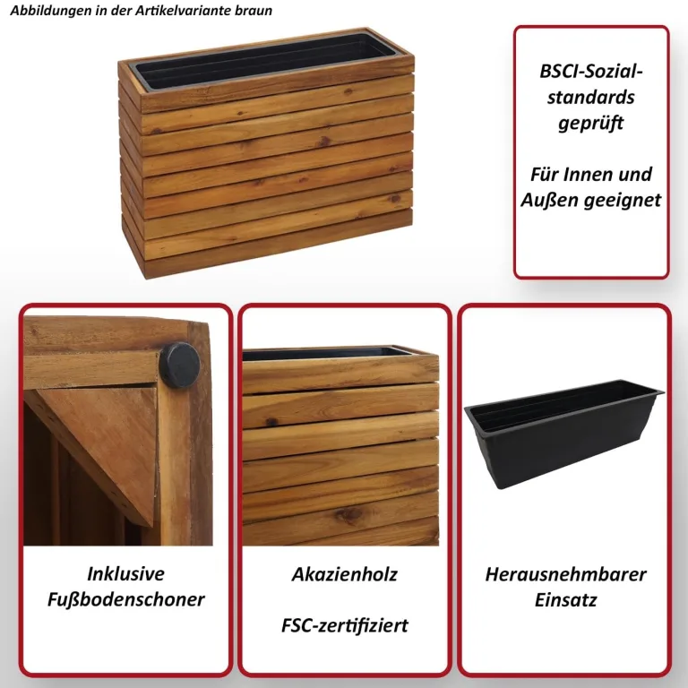 Mendler Pflanzkasten HWC-L21, Pflanzkübel Blumentopf Hochbeet, eckig 41x63x23cm Outdoor Akazie Holz FSC®-Zertifiziert - schwarz – Bild 2