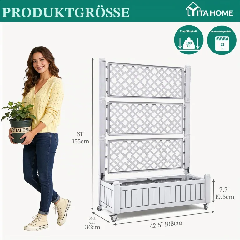 YITAHOME Hochbeete mit Rankgitter, Garten-Rankgitter mit Rädern, 108,5 x 44 x 155 cm, Drainagelöcher und Stopfen für Kletterpflanzen, erhöhter Übertopf hält 6,8 kg für Gemüse, Blumen, Obst (weiß) – Bild 2
