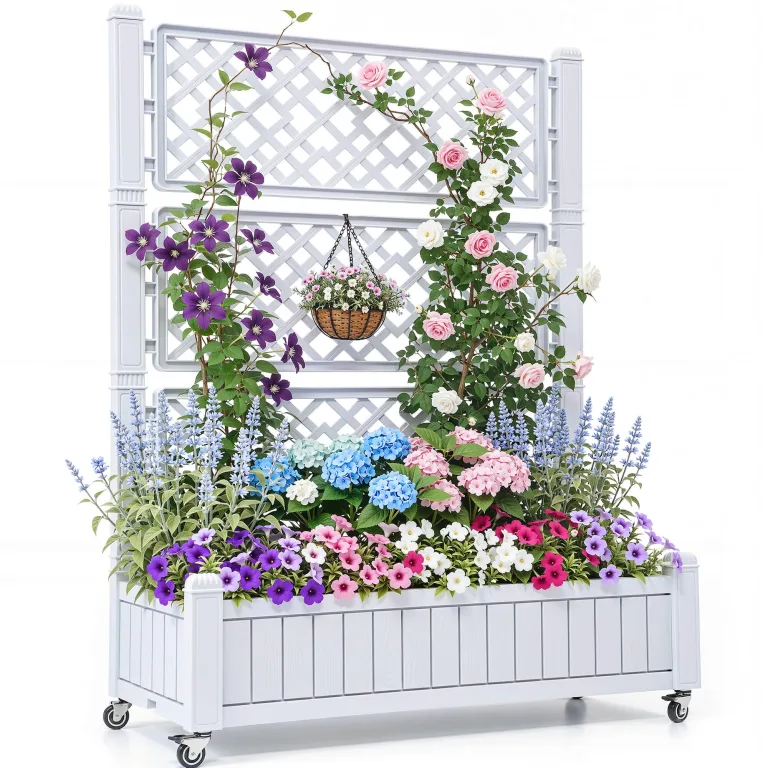 YITAHOME Hochbeete mit Rankgitter, Garten-Rankgitter mit Rädern, 108,5 x 44 x 155 cm, Drainagelöcher und Stopfen für Kletterpflanzen, erhöhter Übertopf hält 6,8 kg für Gemüse, Blumen, Obst (weiß) – Bild 1
