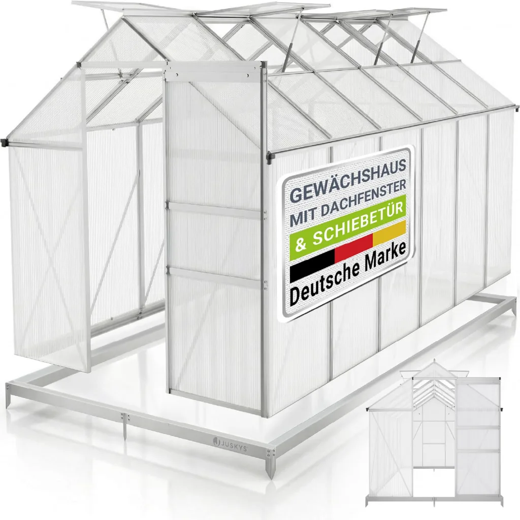 JUSKYS® Gewächshaus 7,2 m² - Aluminiumgestell & Stahlfundament, UV-beständig, abschließbare Schiebetür, belüftbare Dachfenster 61x57 cm