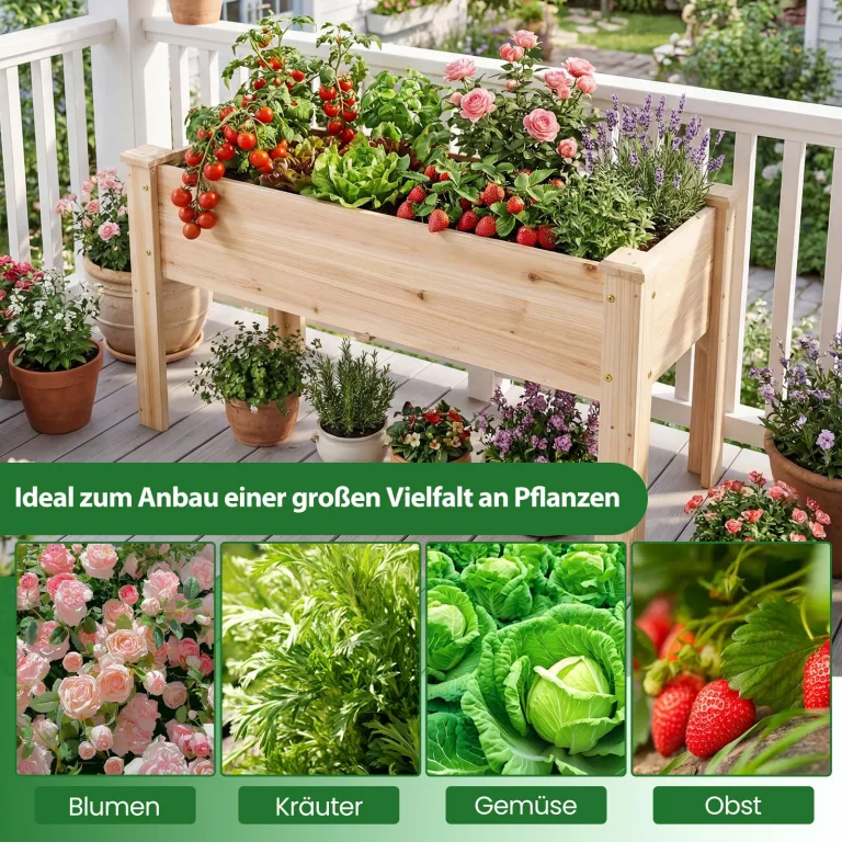 COSTWAY Hochbeet aus Holz, Pflanzbeet für Kinder, 119x45x51cm, Pflanztrog bis 100 kg, Blumenkübel mit Ablauflöchern & L-Beinen, Kräuterbeet rechteckig, Anzuchtbeet Garten Terrasse Balkon, Natur – Bild 5