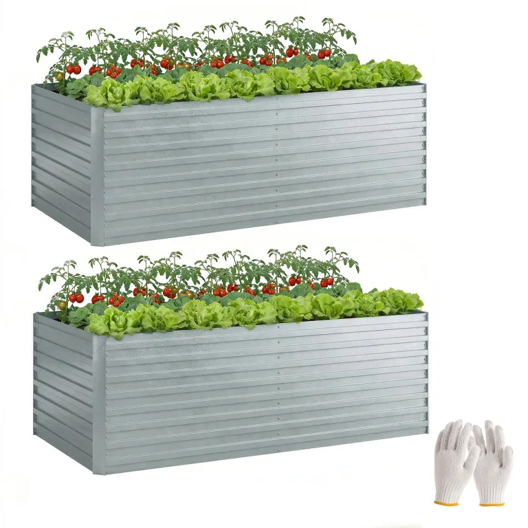 Outsunny Hochbeet aus verzinktem Stahl 2er Set 180 x 90 x 60cm Rechteckige Hochbeete mit Stützstangen Offenem Boden Handschuhe Hochbeet-Kit Pflanzbeet für Gemüse Obst, Blumen, Kräuter Silber – Bild 1