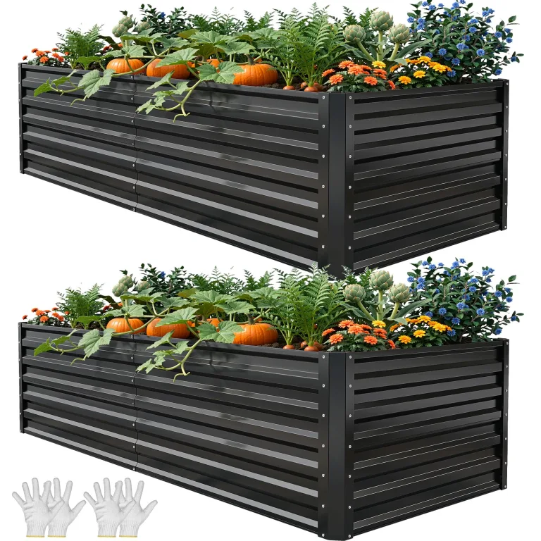 DWVO 2Set Hochbeet Metall, Hochbeete Kit Verdicktem Zink-Aluminium Magnesium Edelstahl Metall Hochbeete für Garten mit Stützstange&Handschuhe für Gemüse, Blumen (Schwarz 180x90x54cm) – Bild 1
