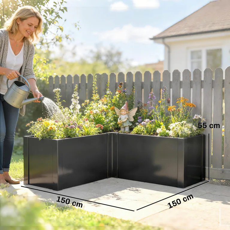Outsunny Hochbeet L-förmig Blumenhochbeet witterungsbeständig, Pflanzbeet Frühbeet Gartenbeet Pflanzkübel Pflanzkasten aus Verzinkter Stahl, Blumenkasten für Terrasse & Garten, 150 x 150 x 55 cm – Bild 7