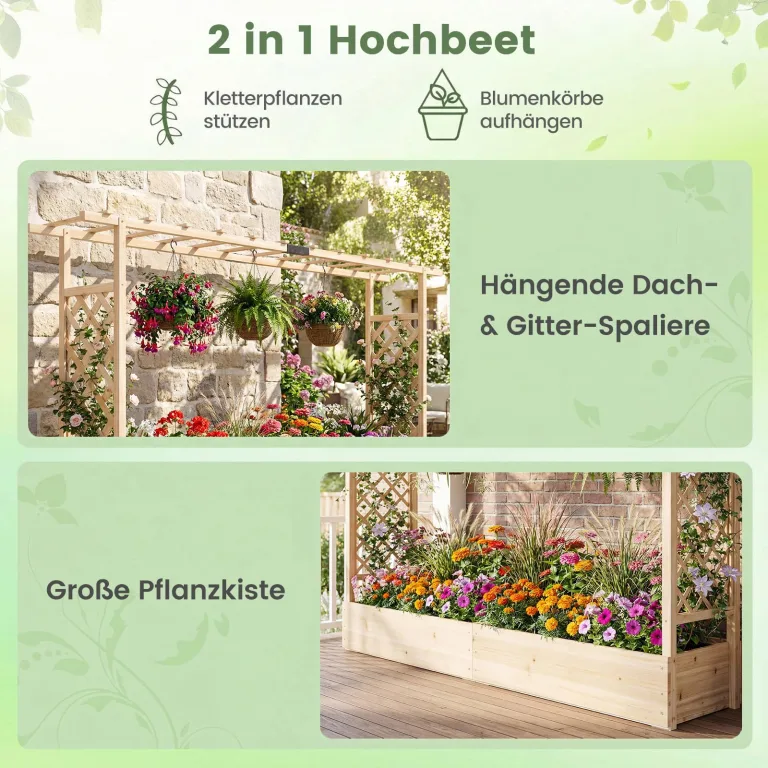 COSTWAY Blumenkasten mit Rankgitter, Pflanzkasten mit Rankhilfe & hängendem Dach, Hochbeet für Kletterpflanzen & hängende Körbe, Sichtschutz Pflanzkübel, für Garten Hof Terrasse, 220x35x114 cm,Natur – Bild 4