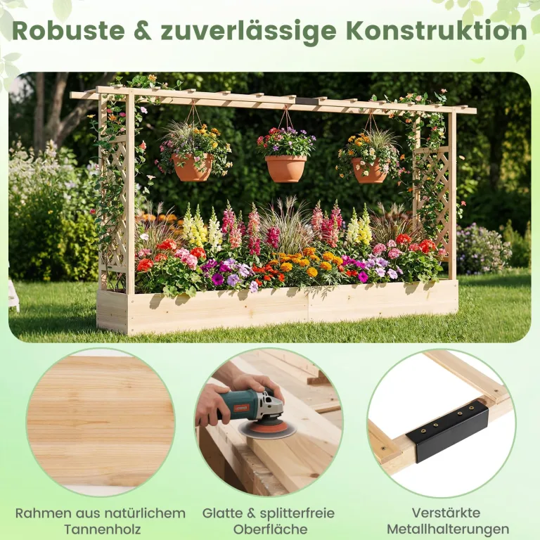 COSTWAY Blumenkasten mit Rankgitter, Pflanzkasten mit Rankhilfe & hängendem Dach, Hochbeet für Kletterpflanzen & hängende Körbe, Sichtschutz Pflanzkübel, für Garten Hof Terrasse, 220x35x114 cm,Natur – Bild 6