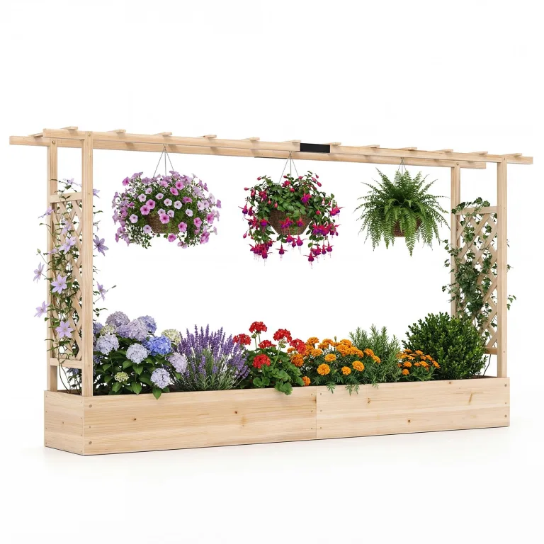 COSTWAY Blumenkasten mit Rankgitter, Pflanzkasten mit Rankhilfe & hängendem Dach, Hochbeet für Kletterpflanzen & hängende Körbe, Sichtschutz Pflanzkübel, für Garten Hof Terrasse, 220x35x114 cm,Natur – Bild 1