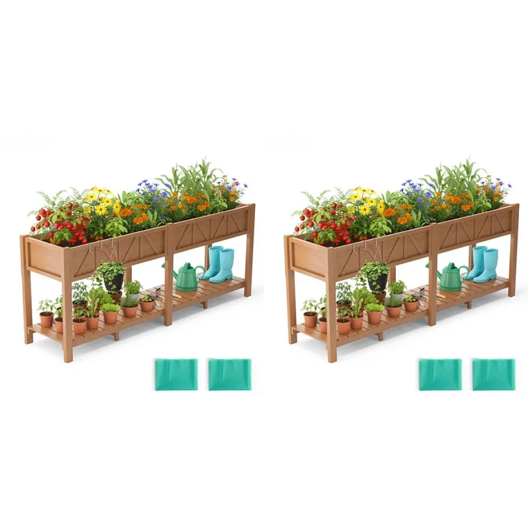 Hochbeet 120x44x70cm, Metall Hochbeet mit Rollen & Griff, 3 Haken & Vlieseinlage, Für Gemüse Blumen Kräuter, Garten Balkon Terrasse, Teak Optik – Bild 6