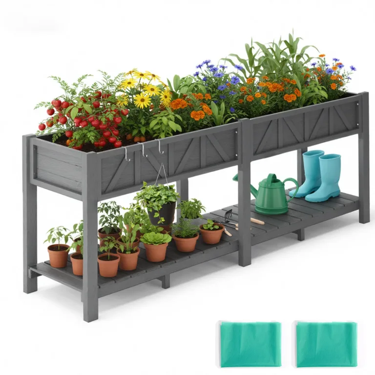 Hochbeet 120x44x70cm, Metall Hochbeet mit Rollen & Griff, 3 Haken & Vlieseinlage, Für Gemüse Blumen Kräuter, Garten Balkon Terrasse, Teak Optik – Bild 7