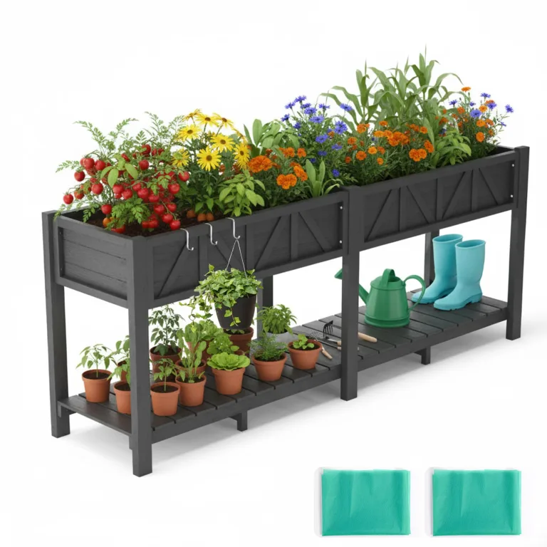 Hochbeet 120x44x70cm, Metall Hochbeet mit Rollen & Griff, 3 Haken & Vlieseinlage, Für Gemüse Blumen Kräuter, Garten Balkon Terrasse, Teak Optik – Bild 10