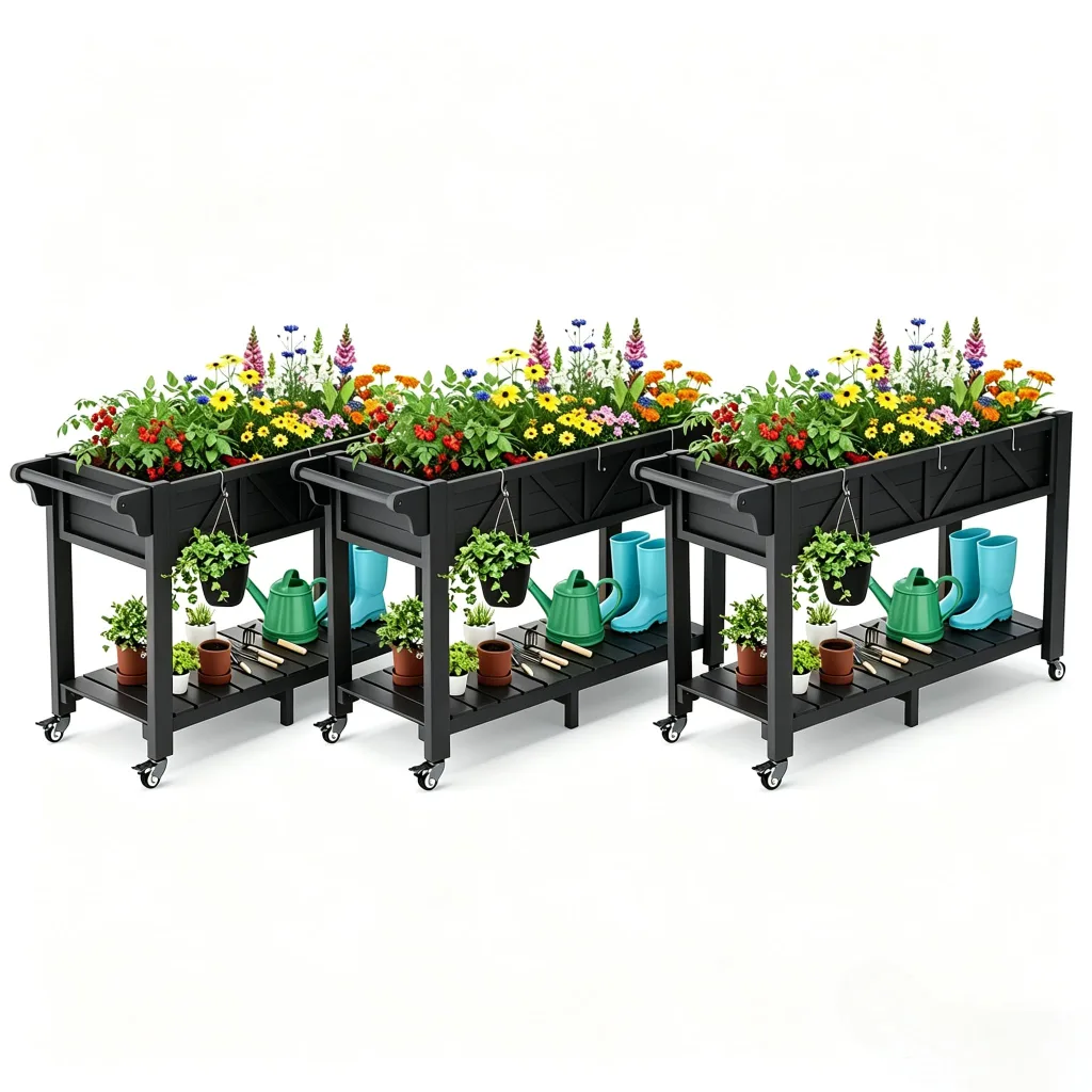 Hochbeet 120x44x70cm, Metall Hochbeet mit Rollen & Griff, 3 Haken & Vlieseinlage, Für Gemüse Blumen Kräuter, Garten Balkon Terrasse, Schwarz