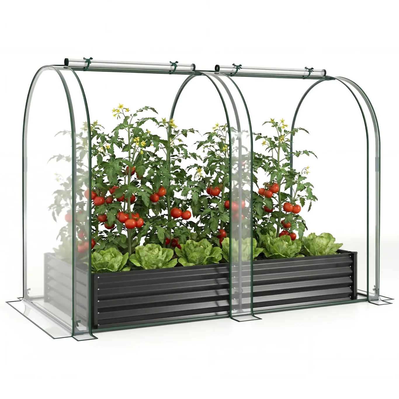 HOMASIS 3 in 1 Gewächshaus mit Hochbeet, Foliengewächshaus mit PVC-Abdeckung, Frühbeet aus Metall, Tomatenhaus Treibhaus mit 2 Fenstern, Blumenkasten für Garten Balkon (Schwarz, 198x100x145cm) - Bild 1