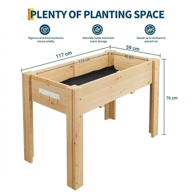 Acekool Hochbeet Mit Beinen 120x60x76 cm—Holz, Mit 3 Haken, Mit Vlieseinlage, Als Hochbeet Für Gemüse, Kräuter & Blumen, Für Balkon, Hof & Garten, Wetterfest & Einfache Montage – Bild 2