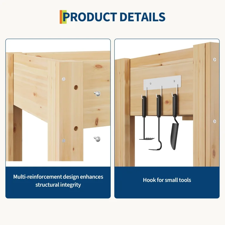 Acekool Hochbeet Mit Beinen 120x60x76 cm—Holz, Mit 3 Haken, Mit Vlieseinlage, Als Hochbeet Für Gemüse, Kräuter & Blumen, Für Balkon, Hof & Garten, Wetterfest & Einfache Montage – Bild 3