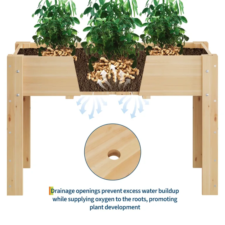 Acekool Hochbeet Mit Beinen 120x60x76 cm—Holz, Mit 3 Haken, Mit Vlieseinlage, Als Hochbeet Für Gemüse, Kräuter & Blumen, Für Balkon, Hof & Garten, Wetterfest & Einfache Montage – Bild 5